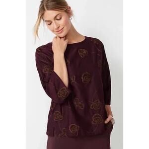J. Jill Purejill Purple Valley Floral Square Sleeve Top Size M Embroidered